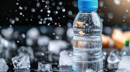 A close-up image of a water bottle with a blue cap surrounded by ice cubes, with droplets of water splashing dramatically, emphasizing freshness and hydration.