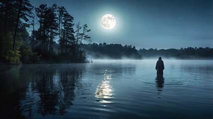 A ghostly figure emerges from a foggy lake under the full moon, casting an eerie glow and a sense of mystery