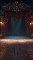 Quiet theater stage illuminated by dramatic spotlight effect in auditorium image