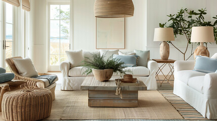 Coastal-inspired living room with a linen slipcovered sofa, wicker coffee table, and wooden accent chairs, creating a beachy vibe. interior design concept 