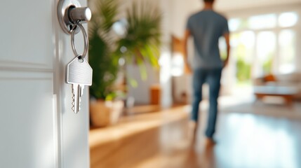 The image shows a house key in a door lock, with a blurred person walking in the background, highlighting concepts of entry, motion, and security in a home setting.