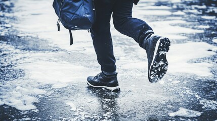 Close-up of a man with a backpack slipping and falling on a slippery winter sidewalk, illustrating the dangers of ice and potential injuries during the cold season
