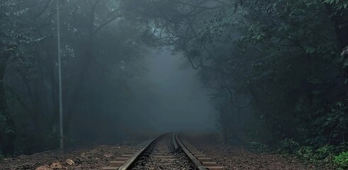 Toy train track in between morning dense fog at Matheran hill Station, Maharashtra, India