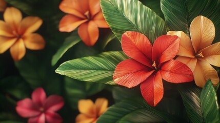Vibrant tropical flowers bloom among lush green leaves, creating a stunning display of color and nature's beauty.