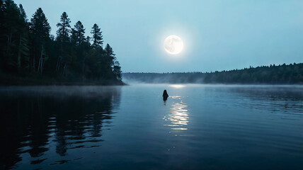 A ghostly figure emerges from a foggy lake under the full moon, casting an eerie glow and a sense of mystery