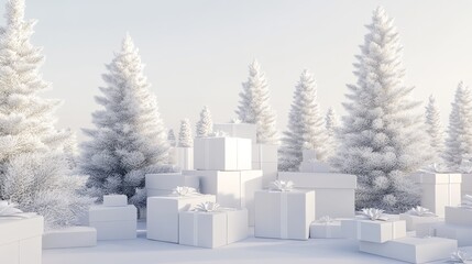 Minimalist white toned 3D render of present boxes arranged under fir trees, capturing a serene holiday gift-giving atmosphere with clean, simple lines and monochromatic design elements