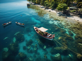 Obraz premium Wonderful Aerial view of a person feeding with a catamaran boat a couple fo sharks in the Philippine