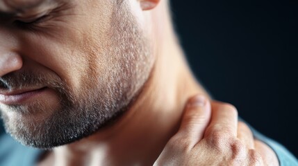A close-up of a man's hand on his neck, with a blurred face outlining a moment of reflection or tenderness. The image focuses on skin texture and touch.