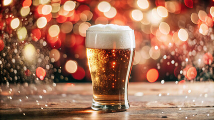 Glass of beer on the table with foam and bubbles

