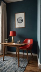 Modern workspace with a red chair, wooden desk, and blue wall.