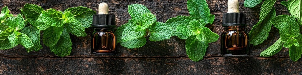 peppermint essential oil and mortar. Selective focus
