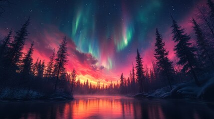 Obraz premium Colorful Northern Lights Over Silhouette of Forest Trees