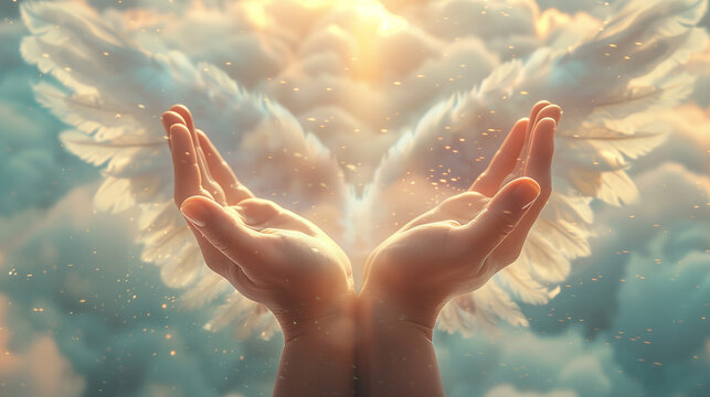 a pair of open hands reaching towards the viewer, with angel wings spread behind them; ethereal light filtering through white clouds above; soft and warm color palette with highlights on each hand's