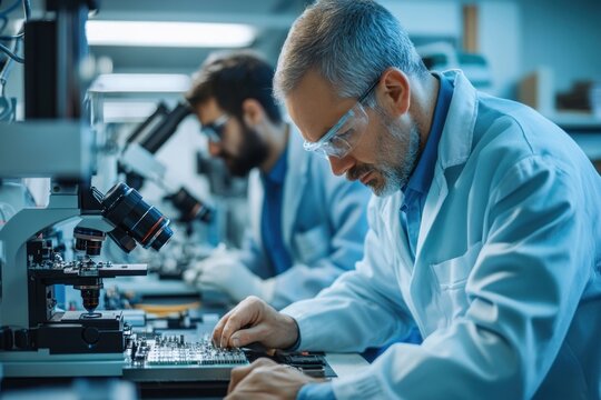 A Senior Scientist Works on a Circuit Board Under a Microscope