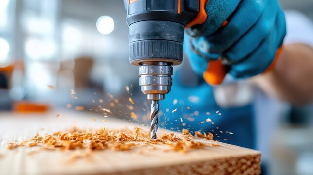 An engaging image showing a power drill active on a wooden surface, causing shavings to scatter, illustrating the vigorous process of woodworking and manual labor.
