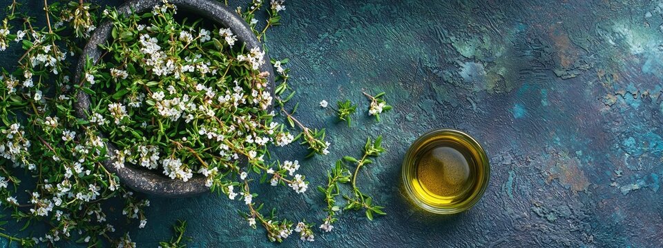 cumin essential oil and mortar. Selective focus