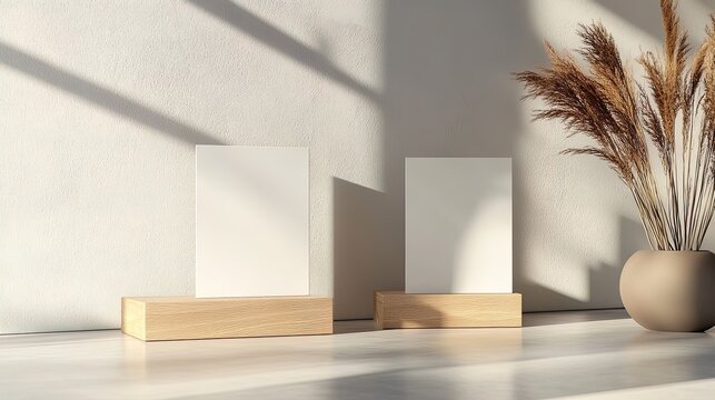 Elegant Minimalist Display: Two White Cards on Wooden Stands - Perfect as a Poster for Sports Décor to Enhance Clarity and Tranquility in Any Space