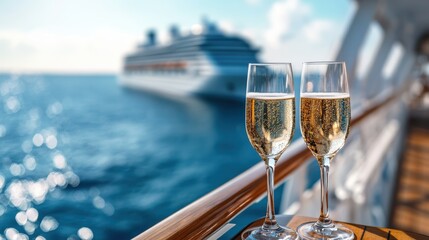 Obraz premium Two glasses of champagne are placed on the deck of a cruise ship with a sea view. This image symbolizes celebration, luxury, and relaxation during a maritime journey.