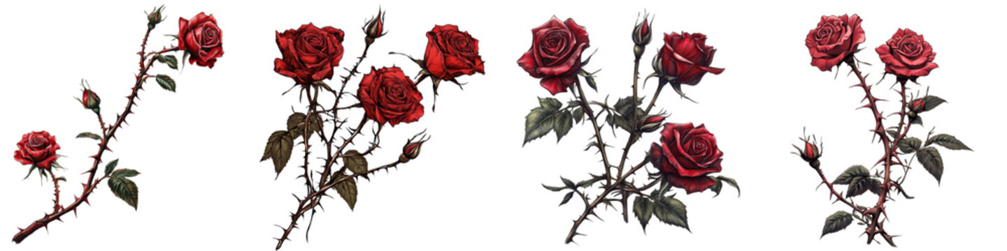 Lush red rose blooms with green foliage on thorny stem showcase vibrant floral beauty and natural elegance  Romantic and elegant rose flowers in full bloom make a stunning botanical display