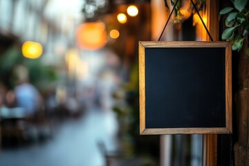 close up empty sign, mockup with black empty background near cafe, in background street on sunset in blur