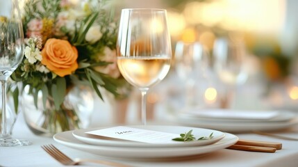 A refined table setup featuring a glass of white wine, a floral centerpiece with orange and white flowers, and a neatly arranged menu card adding to the ambiance.