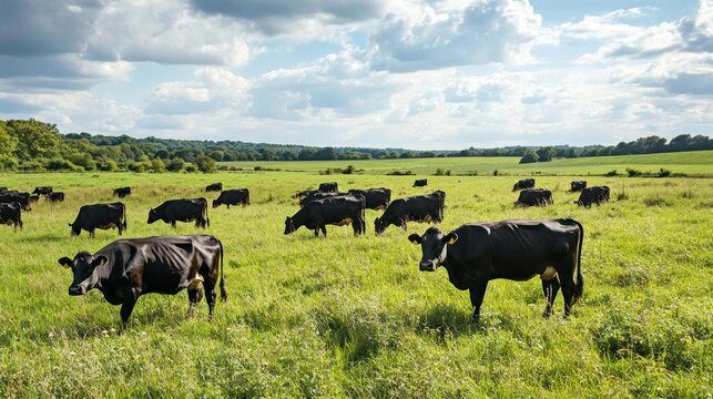 A herd of black cows grazing in a lush green field under a cloudy sky.