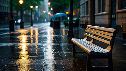 Wet Bench in Rainy City Street at Night