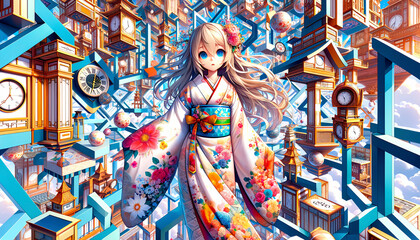 Fototapeta premium 日本の伝統的な花柄の着物を着た女性イラスト。画像生成AI