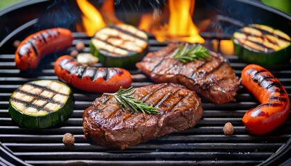 Juicy grilled beef steaks and sausages grillwurst with vegetables sizzling on outdoor grill with fire