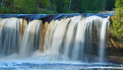 Fototapeta premium Keila waterfall texture, Estonia. Close-up, long exposure. Blue and white water splashes. Abstract natural pattern. Environmental conservation, travel destinations, graphic resource. Panoramic image