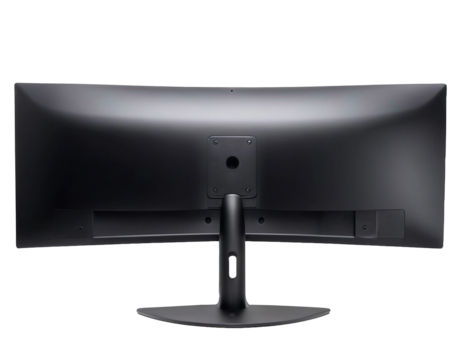 Back view, Ultra-wide curved monitor screen, isolated, transparent background, no background. PNG.