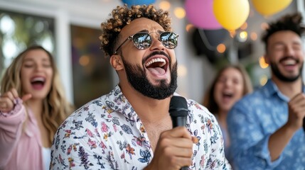 A vibrant man with sunglasses, engrossed in singing energetically, surrounded by friends at a joyous celebration filled with balloons and smiles.