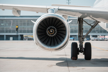Airplane engine nacelle. Front view of turbofan engine under a wing of passenger aircraft near...