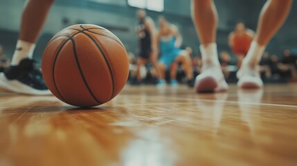 A close-up of a basketball bouncing on the hardwood court, with feet in the background