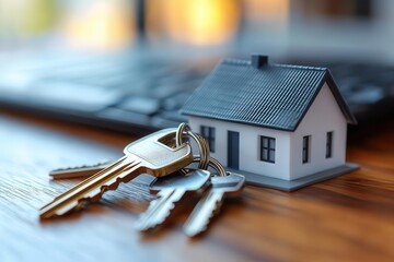 miniature white house model next to a set of house keys on a modern desk symbolizing home ownership with soft natural light creating a hopeful and aspirational atmosphere