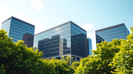 Modern Corporate Buildings Surrounded by Green Trees Emphasizing the Balance Between Nature and Business