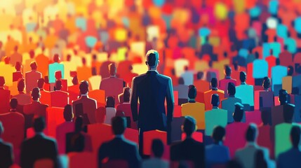 Obraz premium A professional man stands before a colorful crowd, symbolizing leadership, influence, and engagement in a vibrant atmosphere