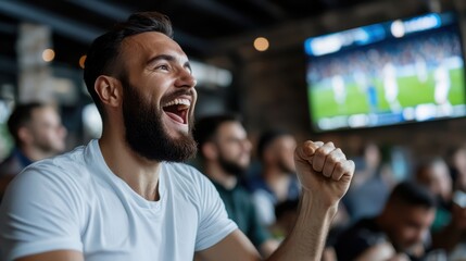 A person wearing a white shirt cheers enthusiastically in a busy bar while watching a sports game on a TV screen, surrounded by other sports fans in an electrifying atmosphere.