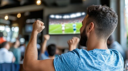 A person in a blue shirt, clutching fists in victory, celebrates triumphantly in a crowded venue as they watch an exciting sports event on a large screen TV, sharing the moment with other fans.