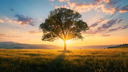 Naklejka premium Beautiful sunset over meadow with lonely tree
