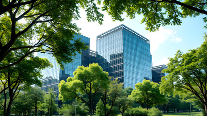 Obraz premium Modern Corporate Buildings Surrounded by Green Trees Emphasizing the Balance Between Nature and Business