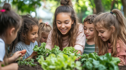 Gardening kids enjoying vegetable planting together in joyful atmosphere