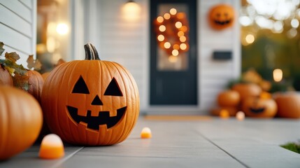Fototapeta premium Carved pumpkins with cheerful expressions are placed outside a holiday-lit house, accompanied by the gentle glow of candles, setting a cozy Halloween scene.