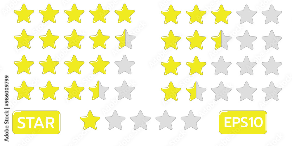 Poster Bright yellow stars and gray stars arranged in grid pattern, showcasing rating system. design includes words STAR and EPS10 at bottom, emphasizing graphics purpose.