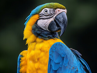 Fototapeta premium A close-up of a vibrant blue and yellow macaw parrot with intricate feather details, showcasing its vivid colors and sharp beak against a dark background