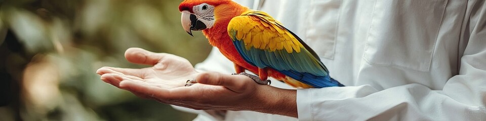 Fototapeta premium veterinarian holds a parrot in his hands. Selective focus