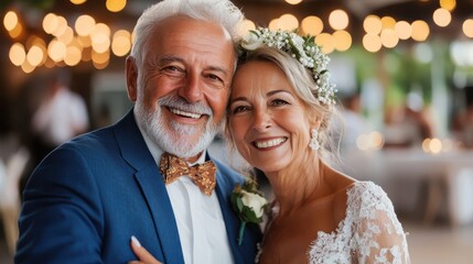A joyful elderly couple smiles warmly as they celebrate their love at an elegant wedding, beautifully capturing a moment of happiness and lifelong partnership.