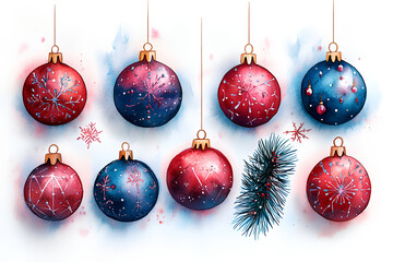 Boho Christmas ornament set clipart, with mandala designs, watercolor illustration, pastel colors, isolated on white background