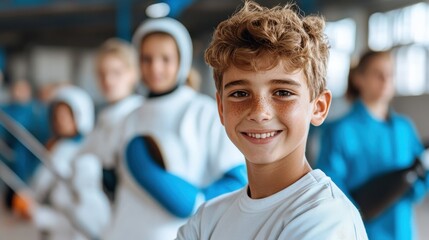A friendly boy in a fencing outfit beams with joy, his excitement visible as he stands amidst other children during a fencing class, emphasizing teamwork.