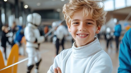 A spirited young boy, dressed in fencing attire, stands smiling with arms crossed amidst his team at practice, reflecting his enthusiasm and skill development.